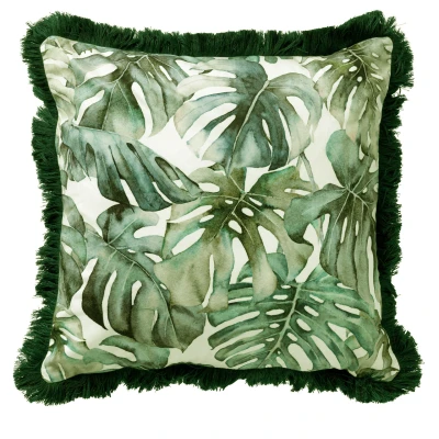 Afbeelding van Dutch Decor FAUNA Sierkussen velvet 45x45 cm botanische print franjes Chive groen