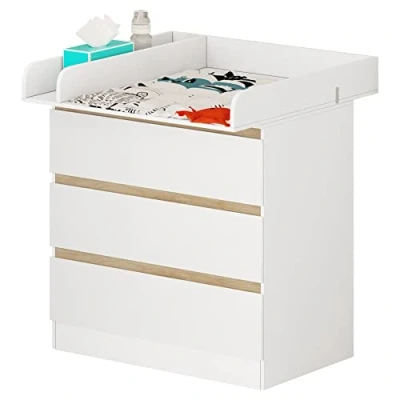 Afbeelding van WOLTU Luiertafel met 3 laden, commode voor baby&#039;s van spaanplaat en mdf, wit WT002+WT003