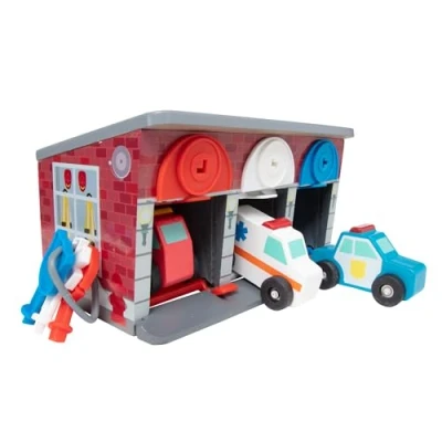 Afbeelding van Melissa &amp; Doug Houten garage met sleutels en reddingsvoertuigen