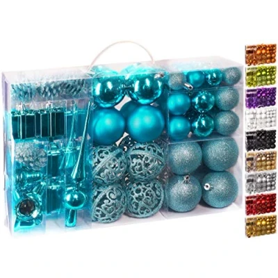Afbeelding van BRUBAKER Kerstballen Set met Dennenappels, Kerstklokken, Geschenken, Kerstboompiek Kerstboomversiering 101 delen Blauw