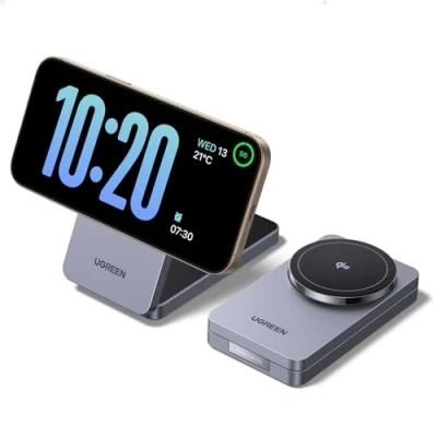 Afbeelding van UGREEN MagFlow Qi2 inductielader voor iPhone 15 W, 2 in 1 gecertificeerd, compatibel met MagSafe 16 Pro Max Plus 14 13 12 AirPods 3 draadloze oplader, opvouwbaar, 70 graden, stand,