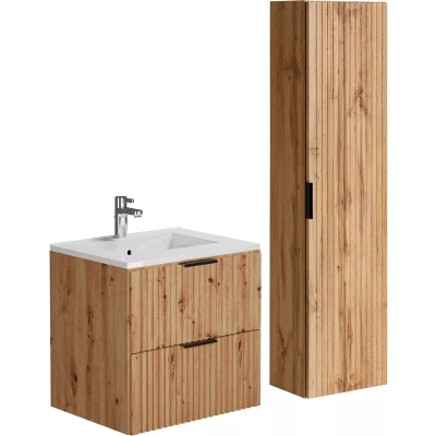 Afbeelding van Geribbeld wastafelmeubel met inbouwwastafel en kolomkast Lichte houtlook 60 cm ZEVARA L x H 57 D 46