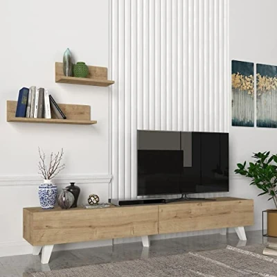 Afbeelding van [en.casa] tv kast met 2 wandplanken, houder opklapbare deuren, opbergruimte voor woonkamer, spaanplaat, 180 x 31 33 cm, eikeneffect