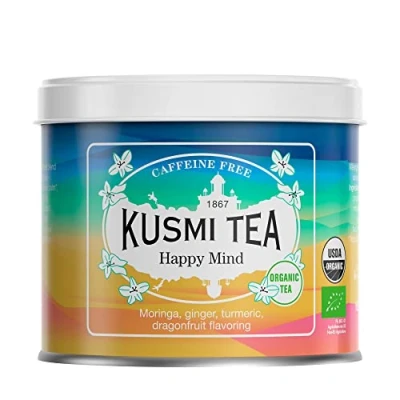 Image de Kusmi Tea Happy Mind Infusion Bio Mélange de Plantes, Épices et Pomme Saveur Fruit du Dragon Citron Tisane sans Théine Boîte Thé Métal 100g Quantité pour environ 50 Tasses