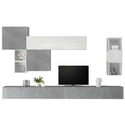 Afbeelding van TV wandmeubel Pedro in hoogglans wit met grijs beton