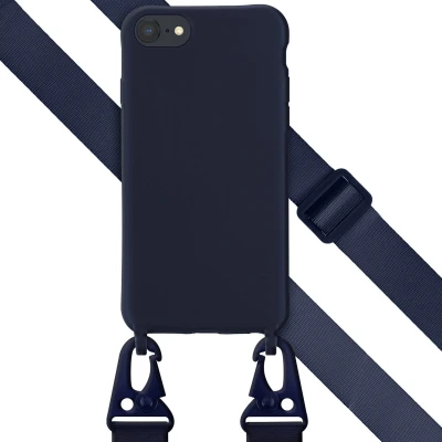 Afbeelding van Selencia hoesje Geschikt voor iPhone SE (2022) / (2020) met koord Siliconen afneembaar Donkerblauw