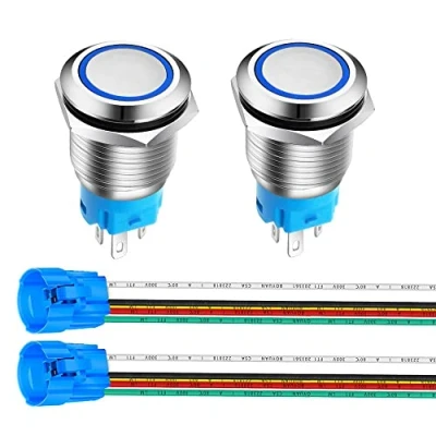 Afbeelding van Gebildet 2 stuks, 16 mm, momentane drukknop van roestvrij staal, led lichtring, 12 V 24 V, 5 A, 1NO1NC, SPDT on Off, waterdicht, met stekker (blauwe led)