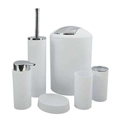Afbeelding van MSV Hannah 6 delige badkameraccessoireset, zeepdispenser, toiletborstel, zeepbakje, cosmetica emmer en tandenborstelbeker, wit