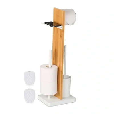 Afbeelding van toiletrolhouder staand met plankje reserverolhouder wc borstel wit