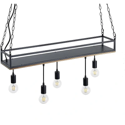 Afbeelding van Lindby hanglamp 5lichts Ijzer, dennenhout H: 15 cm E27 zwart, donker den