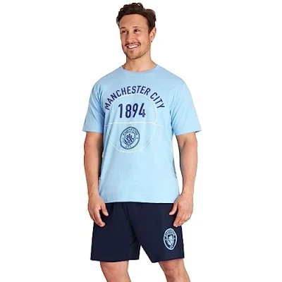 Afbeelding van Manchester City FC Pyjamaset voor heren, T shirt en shorts, 100% zacht ademend katoen, maten S 3XL, blauw, Blauw