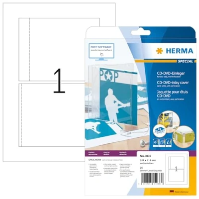 Afbeelding van Herma printeretiketten CD inlay card for jewel cases A4 151x118 mm white cardboard perforated non adhesive 25 pcs.
