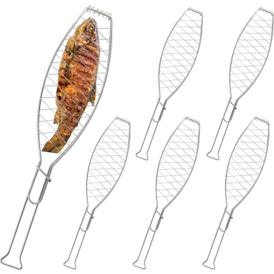 Afbeelding van Relaxdays visklem voor de barbecue set van 6 visrooster met handgreep rvs 54 cm