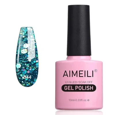 Afbeelding van AIMEILI Semi permanente nagellak, 10 ml, glitter, gel, UV, LED, soak off, manicure, pailletten, diamant, blauw, groenblauw (044)