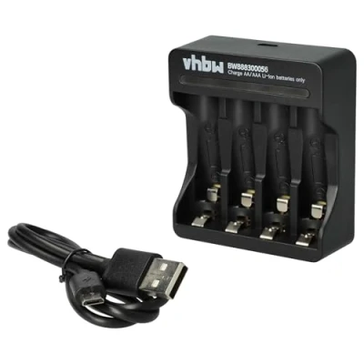 Afbeelding van vhbw Batterijlader met 4 klemmen, compatibel oplaadbare AA/AAA batterijen, Li Ion huishoudelijke micro USB oplader