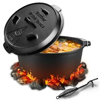 Afbeelding van Dutch Oven, 9 liter, pot met dekselheffer, gietijzeren kookpan deksel dubbele functie, voor buiten en binnen, zwart