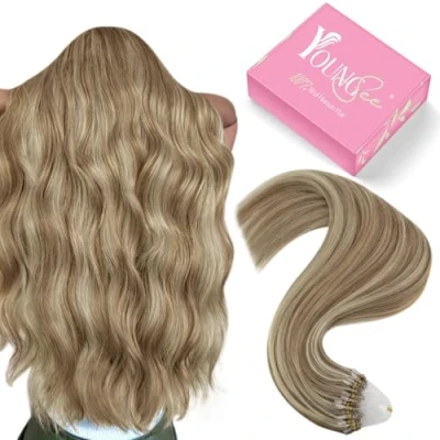 Afbeelding van YoungSee Haarextensions, micro ring, echt haar, 50 g, #P8A/60, bruin met platinabond, lichtbruin, 60 cm