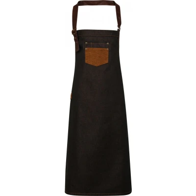 Afbeelding van Premier Division Waxed look Denim bib apron with faux leather PR136 Black / Tan