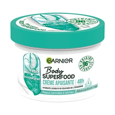 Afbeelding van Garnier Body Superfood Kalmerende lichaamsverzorgingscrème 48H hydratatie Veganistische formule en 96% natuurlijke oorsprong Met Aloë Vera &amp; Magnesium Voor normale tot droge huid 380 ml