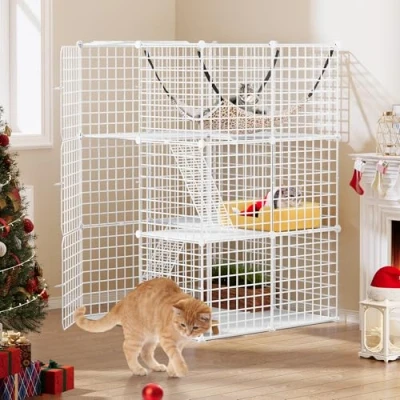 Afbeelding van YITAHOME Kattenkooi voor binnen met 3 verdiepingen extra grote hangmat 1 2 katten, fretten, chinchilla&#039;s, konijnen, kleine dieren, 72 x 107 cm, wit