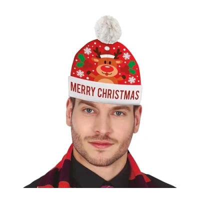 Afbeelding van Fiestas Guirca Rode foute kerstmuts Merry Christmas rendier wol effect 1 stuks