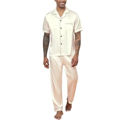 Afbeelding van Reliwel Satijnen pyjama voor heren, korte top met knoopsluiting en lange broek, tweedelig, nachtkleding nachtkleding, Champagne, M