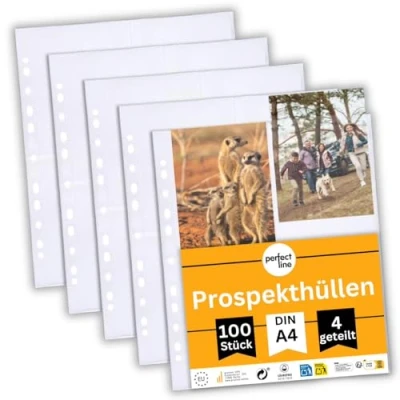 Afbeelding van perfect line 100 verzamelmappen in 4 delen, glashelder, showmap DIN A4 transparant, enveloptas op vakken (4 x A6), doorkijkfolie kleurloos, insteek boven, voor ansichtkaarten, foto&#039;s, documenten