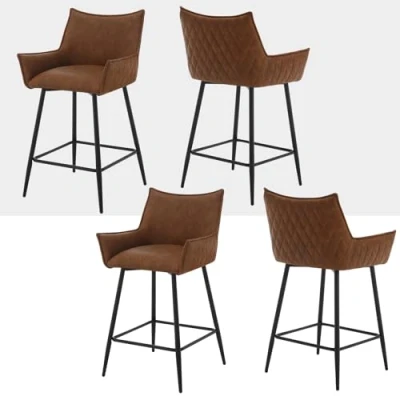 Afbeelding van WOLTU Set van 4 barkrukken, gevoerde bistrokruk, eetkamerstoel kunstleer, kinderstoel met metalen poten, voetensteun, rugleuning, armleuningen, bruin, BH391br