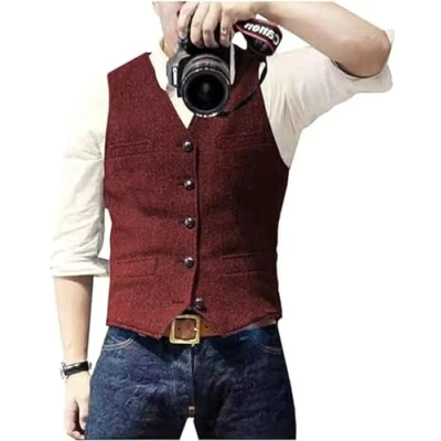 Afbeelding van Solovedress Casual wollen visgraatvest voor heren, V hals, tweed vest bruiloft, Bordeaux