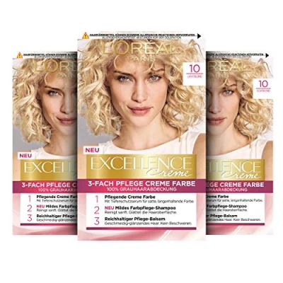 Image de L&#039;Oréal Paris Lot de 3 colorations permanentes pour cheveux gris, 100% couverture des avec coloration, shampoing et crème soin triple épaisseur, Excellence, 10 blond clair,