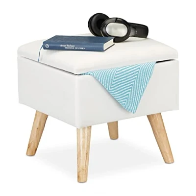 Afbeelding van Relaxdays poef met opbergruimte krukje hocker zitbank voetenbank houten poten wit