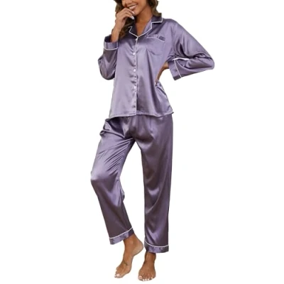 Afbeelding van Reliwel Satijnen pyjama voor dames met knoopsluiting, tweedelige pyjama, lange mouwen, V hals, comfortabele nachtkleding, klassieke loungewear alle seizoenen, Navy Blauw