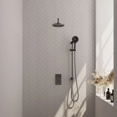 Afbeelding van Brauer Glad 20cm Gebogen wandarm 3 Standen handdouche Met glijstang Geborsteld gunmetal PVD