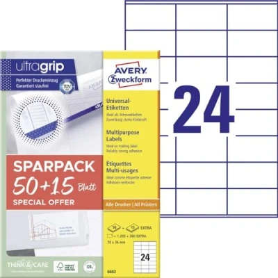 Afbeelding van Avery Zweckform 6602 70 x 36 mm Papier Wit 1560 stuk(s) Permanent hechtend Universele etiketten Laser 65 vel DIN A4