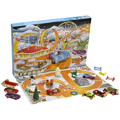 Afbeelding van Hot Wheels Adventskalender met 8 partyvoertuigen, bijpassende accessoires en speelmat, kinderspeelgoed HCW15