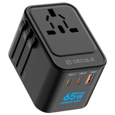 Afbeelding van decqle Universele stekkeradapter, internationale reisadapter met 2 USB C poorten (GaN 65 W) en 1 A, veiligheidszekeringen, voor Frankrijk naar de VS, VK, EU, AU 150+ landen (zwart)