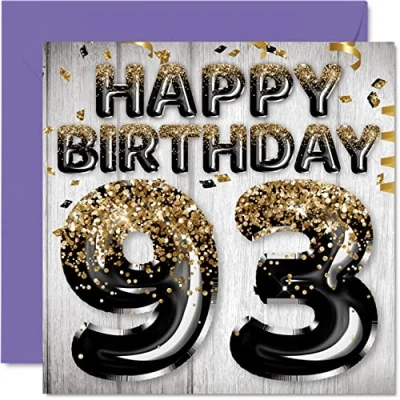 Afbeelding van Stuff4 Verjaardagskaart 93 jaar heren zwart en goud glitter ballonnen verjaardagskaarten voor mannen jaar, vader, opa, oma, 145 mm x