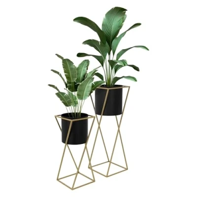 Afbeelding van Set van 3 bloemenstandaards met plantenbak 21x21x51 / 24x24x70,5 cm zwart/goud gemaakt staal ML Design