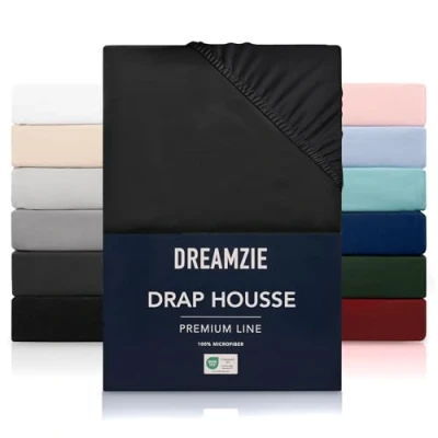 Image de Dreamzie Drap Housse 180x200 cmpour Matelas Épais jusqu&#039;à 33 cm 100% Polyester Microfibre Noir Certifié sans Produits Chimiques (Oeko TEX), avec Élastique Complet