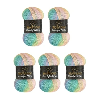 Afbeelding van Wollbiene Moonlight Glitter Batik Simli Breiwol, 5 x 100 g, 500 20% wol metallic, kleurverloop, glitterwol (2900 groen, roze, geel, pastel)
