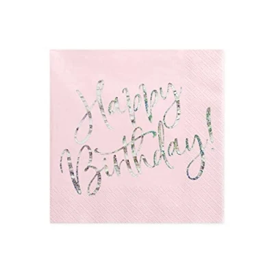 Afbeelding van Partydeco Servetten Happy Birthday Roze / Zilver (20 stuks)