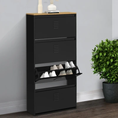 Image de Meuble à chaussures 24 paires maxi capacité ESTER 4 portes métal noir et plateau bois design industriel IDMarket