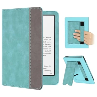 Afbeelding van FINTIE Beschermhoes voor Kindle Paperwhite 2024 (12 Gen) en Colorsoft Signature Edition (1 met kaartsleuven handband, automatische wekker/slaap, turquoise