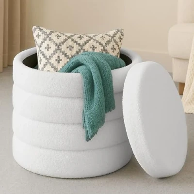 Afbeelding van Navaris opbergpoef rond met Bouclé stof Opbergbox deksel 37 x 40 Poef Voetensteun opberg hocker Crème wit