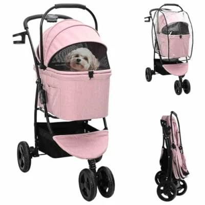 Afbeelding van vidaXL Poussette rose pour chien et chat avec 3 roues en tissu Oxford robuste. Dimensions : 78 x 54 101 cm. Design pliable frein de sécurité