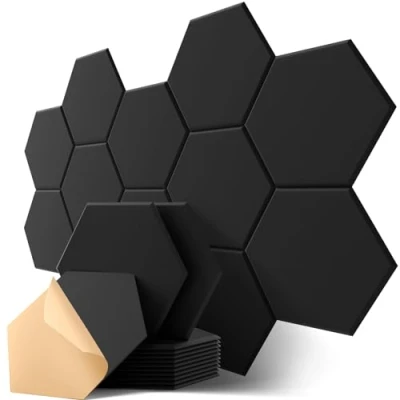 Afbeelding van Hexagon zelfklevende akoestische panelen, 12 delige geluidsabsorberende wand met hoge dichtheid voor plafond/deur/muurdecoratie en behandeling, akoestisch schuim afgeschuinde rand (30x26x0,9 cm)