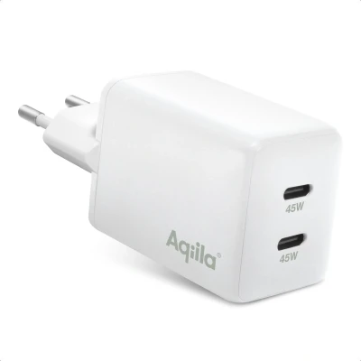 Afbeelding van Aqiila USB oplader, 45W, C Adapter, Snellader GaN, PD Power Delivery, 2x C, 100 240V, Chargebird W2 Wit