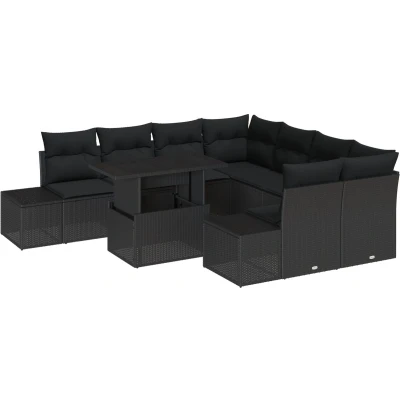 Afbeelding van vidaXL 9 Delig Tuinbank Set met Kussens Zwart Poly Riet