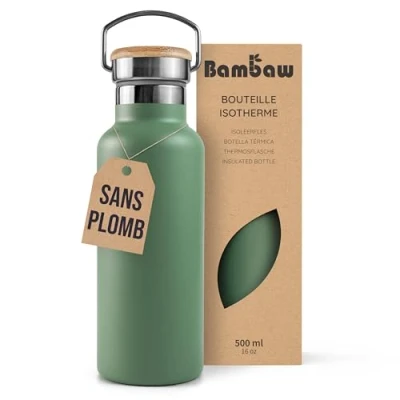 Afbeelding van Bambaw thermosfles, 500 ml, groene roestvrij staal, herbruikbare fles, saliegroen