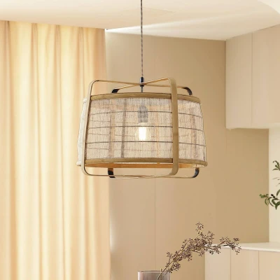 Afbeelding van Lindby hanglamp 1licht Bamboe, ijzer E27 licht hout, zwart